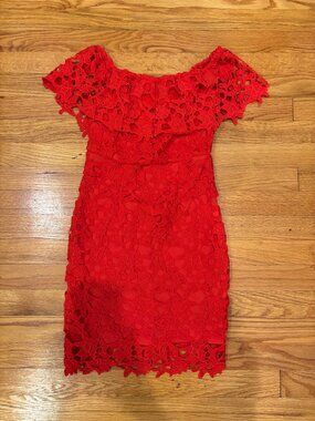 Lulus Deep Orange Red Lace Off the Shoulder Dress (Size XS)